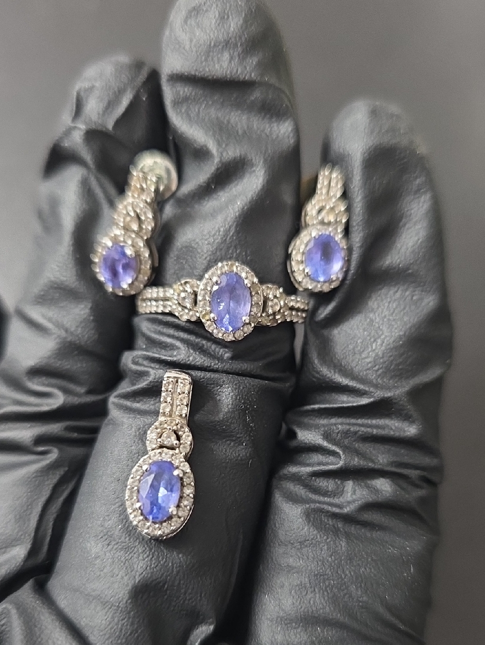 Sterling Silver 925 Tanzanite Halo Ring, Pendant And Earrings Set